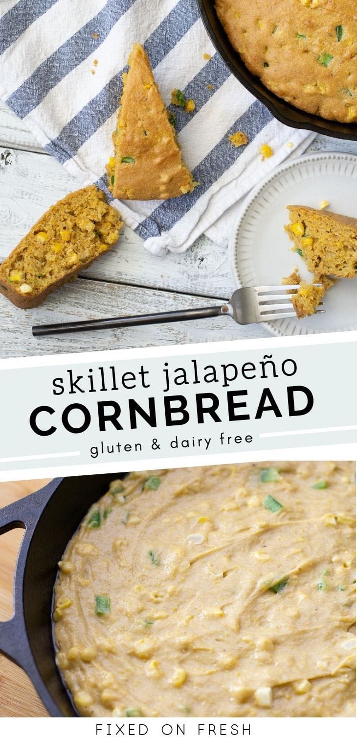 Gluten and dairy free skillet jalapeno cornbread is made with gluten free flour, fresh corn and jalapenos and is perfect for your next chili night. 