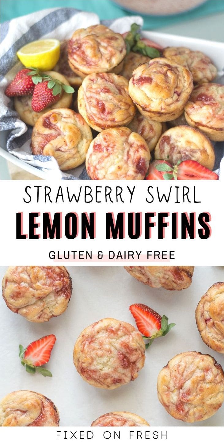 Dairy and Gluten Free Lemon Muffins swirled with fresh strawberries and strawberry preserves on top to make a beautiful and delicious muffin perfect for Easter or mother's day brunch. 