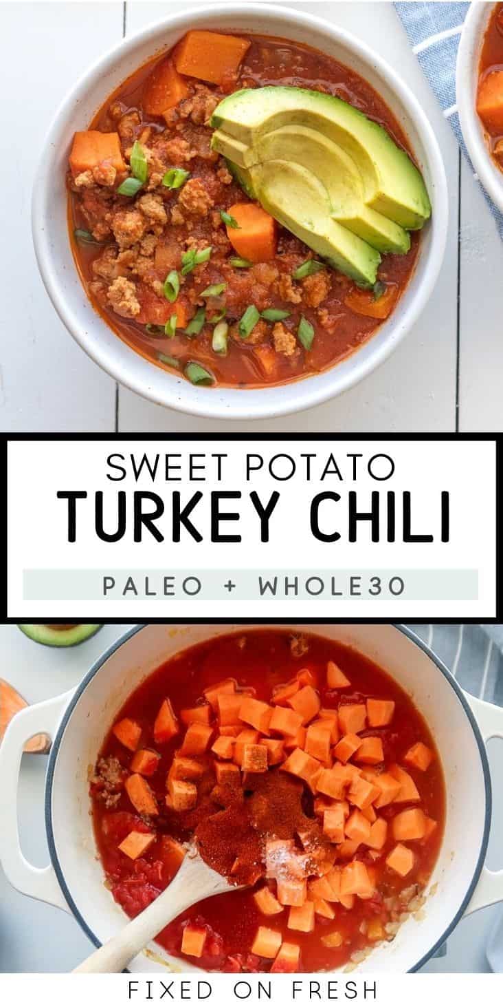 Healthy turkey chili is made with sweet potato and no beans so that it's Paleo and Whole30 friendly. Lean ground turkey is simmered with onions, bell peppers, tomatoes, and some pantry staples to make a quick and easy weeknight dinner (or meal prep!)