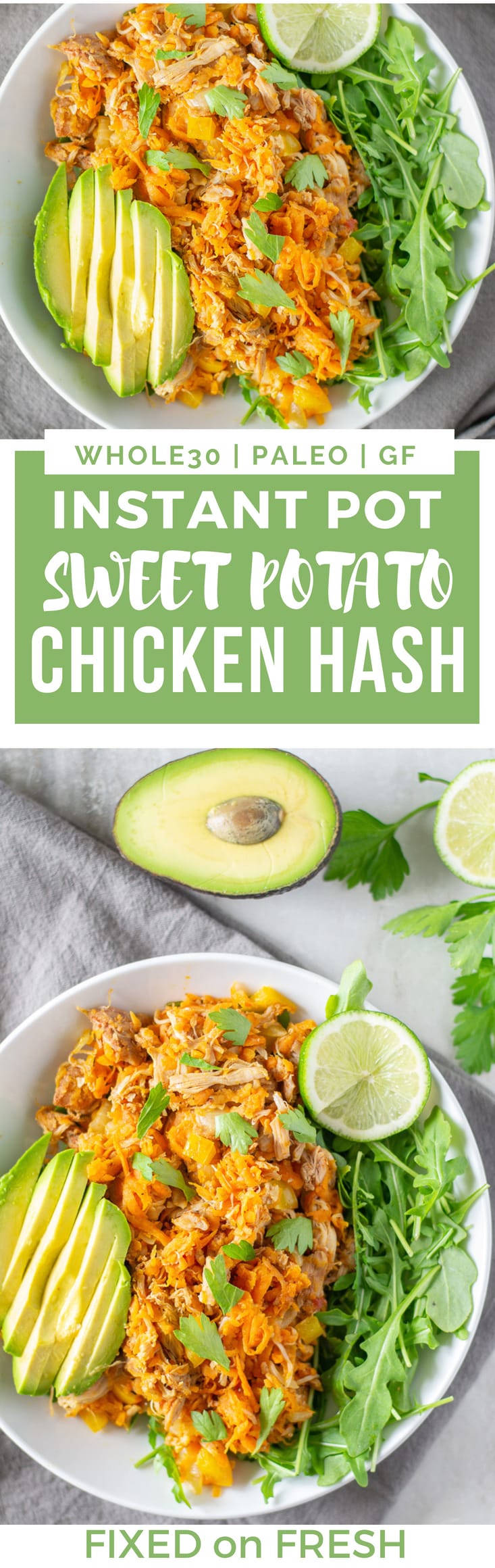 Instant Pot Chicken and Sweet Potato Hash is a simple and healthy dinner with grated sweet potato, bell peppers, onions and shredded chicken. This healthy chicken dinner is Whole30 and Paleo approved as well. 