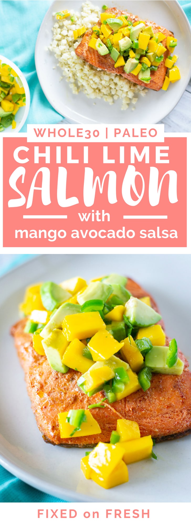 Chili Lime Salmon with Mango Avocado Salsa is an easy, fresh dinner with lots of healthy omegas. This healthy dinner dish is spicy and sweet and tastes amazing. 