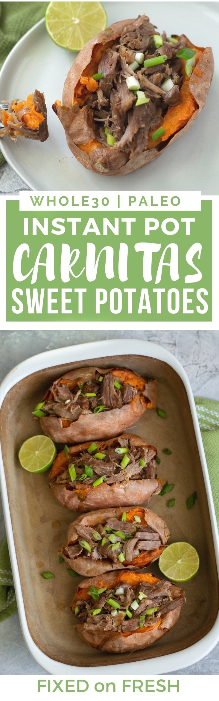 Instant Pot Carnitas are stuffed into simple baked sweet potatoes. This recipe is great for a healthy meal prep lunch or for the whole family to enjoy. 