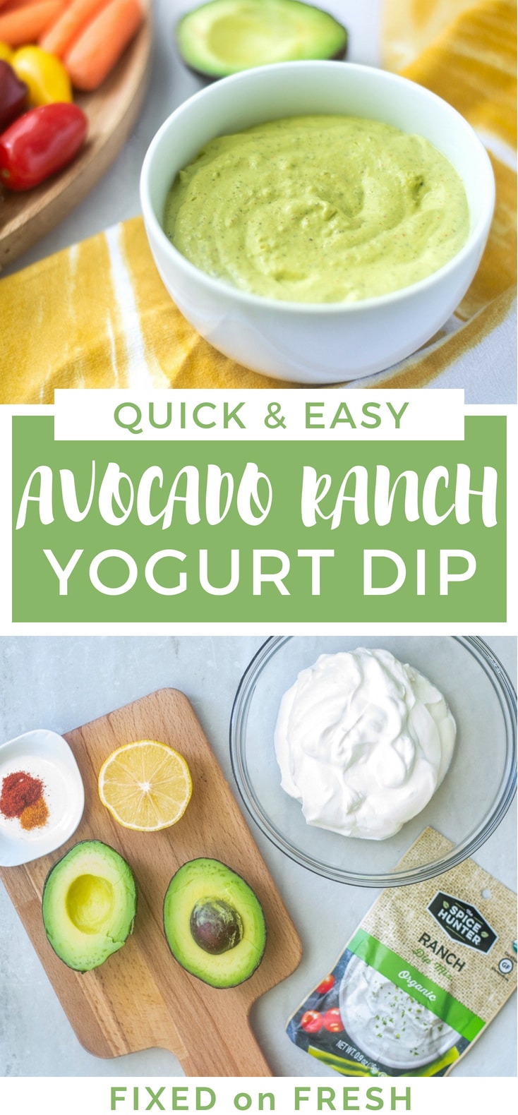 Spicy Avocado Ranch Yogurt Dip is quick and easy to make and a healthier version of your typical ranch dip. This low calorie appetizer is great to take to football parties or enjoy with your favorite veggies. 