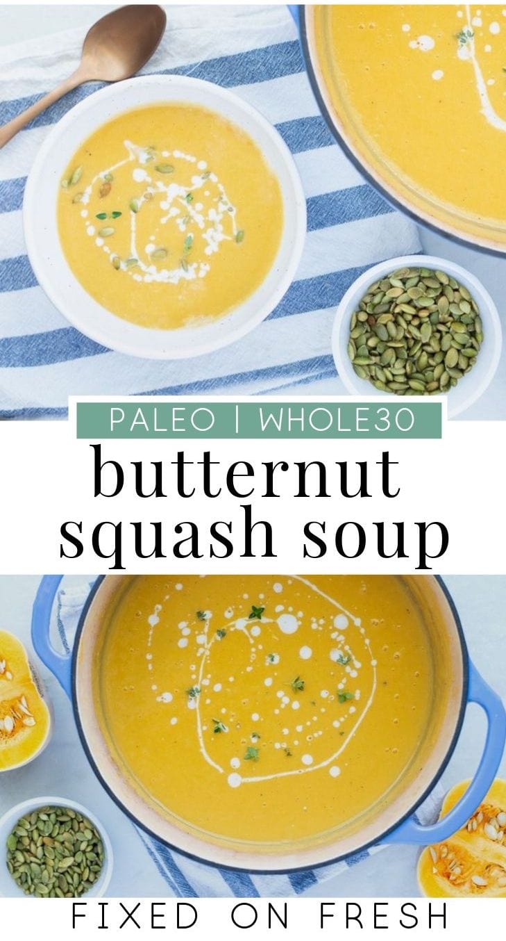 Easy creamy butternut squash soup is whole30 and paleo made with coconut milk. Roasted apples, sweet potato, squash and onions are all pureed into a delicious fall soup. #whole30 #paleo #soup