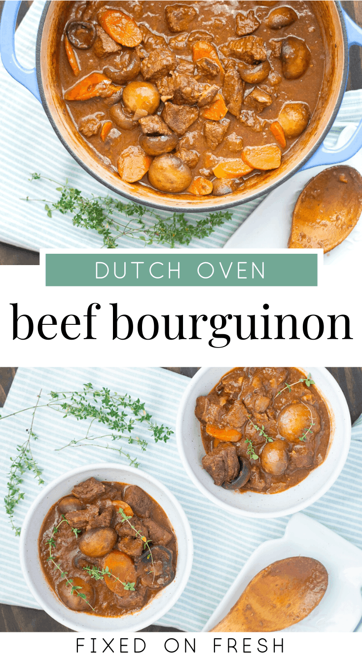 Learn how to make classic stovetop Beef Bourguignon in a dutch oven. This easy, one-pot beef stew recipe is perfect for dinner on a cold night. #glutenfree #beefstew