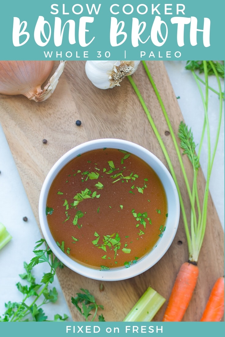 Slow Cooker Chicken Bone broth is Whole30 and Paleo and an awesome gut healthy recipe that can be easily made in the slow cooker or crockpot. You can also find out all the health benefits of bone broth. #bonebroth #whole30 #paleo #crockpot