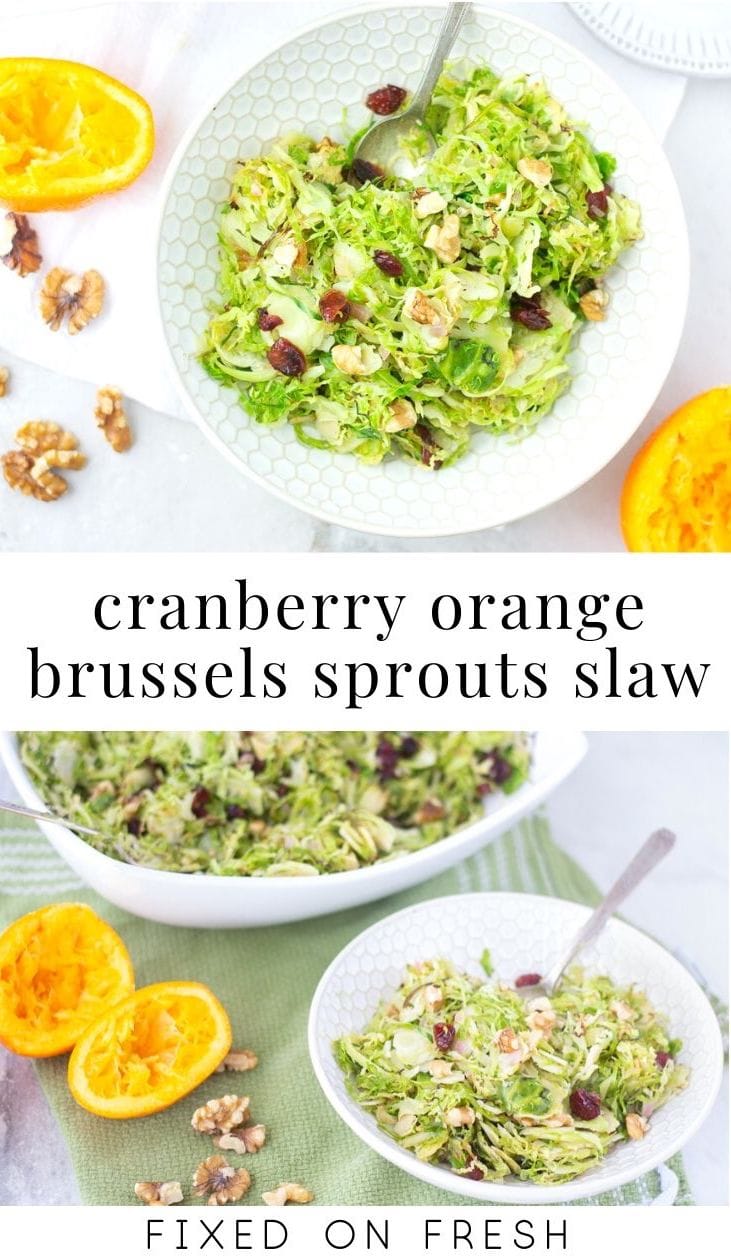 Cranberry Orange Brussels Sprouts Slaw is a perfect healthy (and Paleo) Thanksgiving Side dish. Shredded Brussels sprouts are roasted and tossed in a sweet orange dressing with cranberries and toasted walnuts. #thanksgivingrecipe #paleo