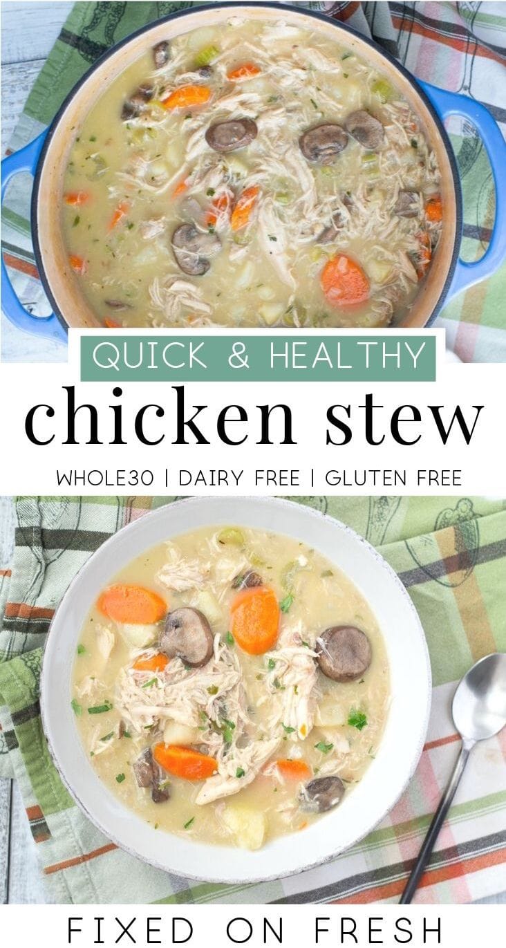 Creamy Whole30 chicken stew is a healthy, 30-minute dinner that is gluten free and dairy free. The perfect weeknight dinner on a chili night. #whole30 #chickendinner