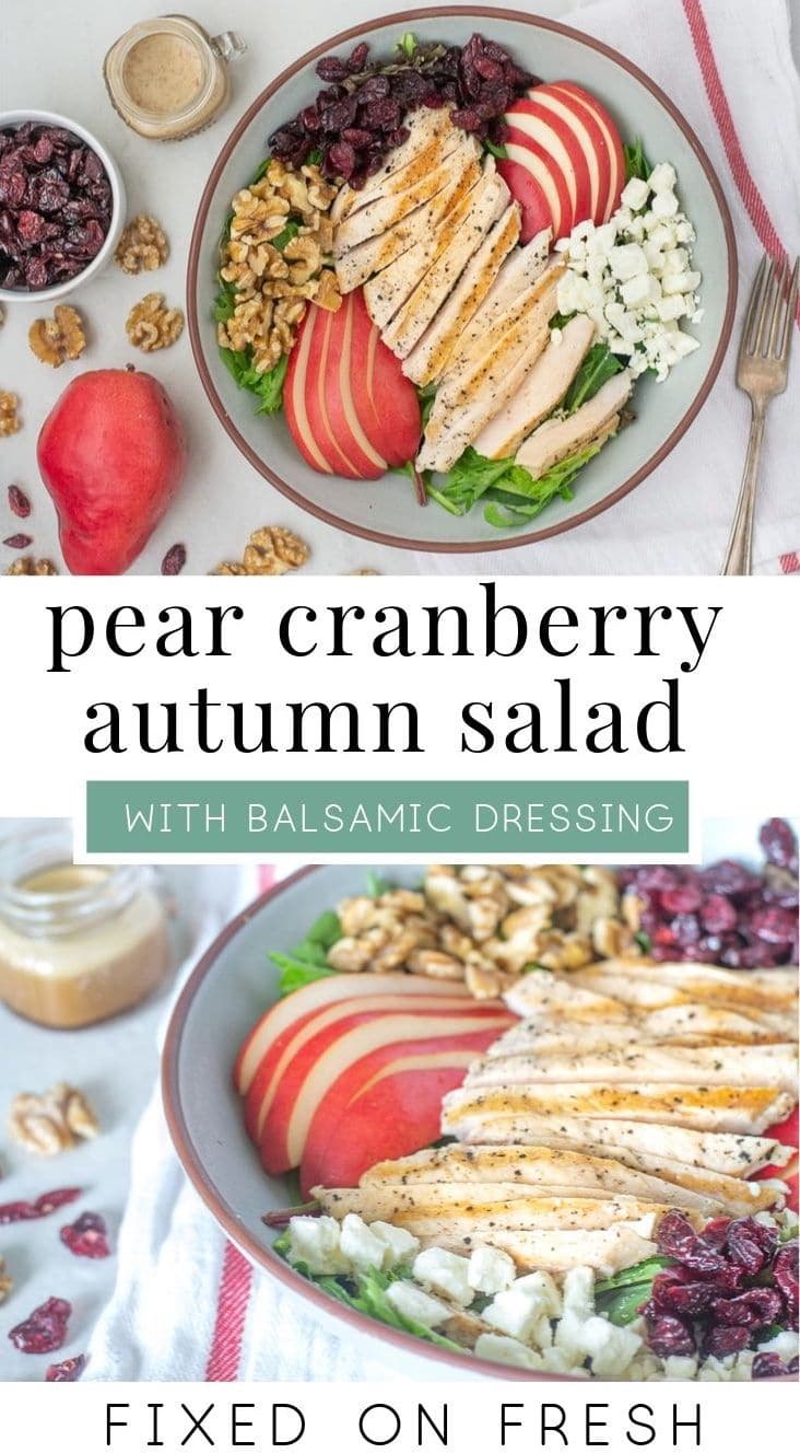 Easy autumn salad recipe with pears, cranberries, walnuts and feta and drizzled with balsamic dressing. Enjoy this healthy lunch all fall long! #autumn #pearsalad