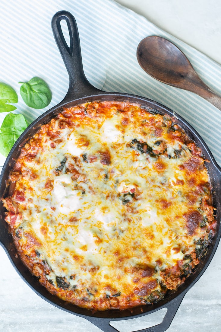 Quick and easy meat and cheese lasagna without the lasagna noodles! Skip the noodles and grab a large sweet potato to make lasagna faster and without gluten! Loads of cheese and meat, with spinach and your favorite sauce for a healthier weeknight dinner.