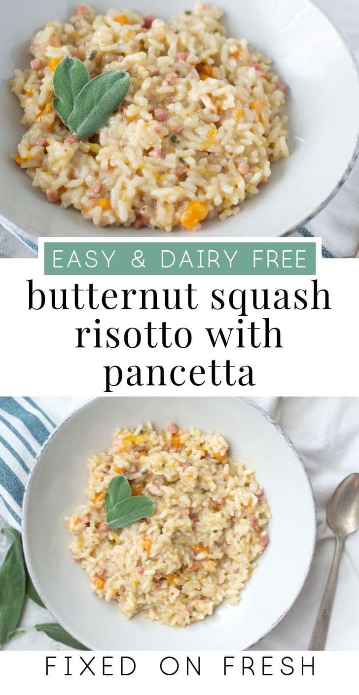 Creamy, dairy free butternut squash risotto with pancetta is the easy to make and full of flavor. Serve it with chicken for the perfect autumn meal!
#risotto #butternutsquash