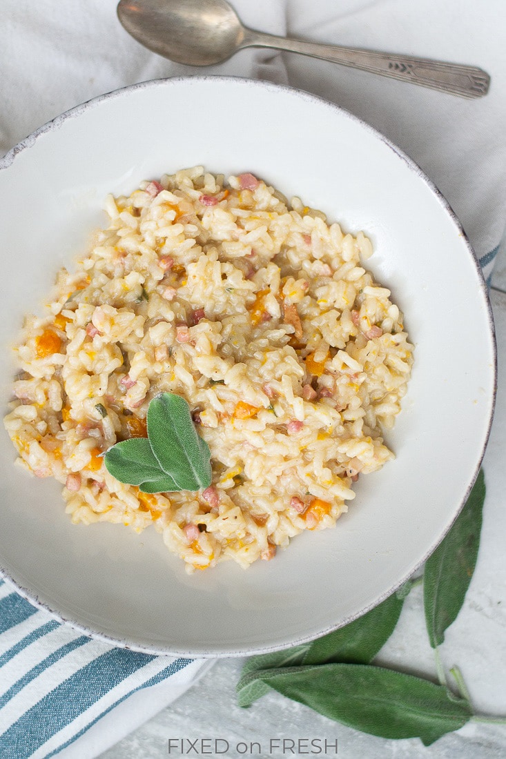 Autumn Risotto is filled with fall flavors like butternut squash and sage with a tasty twist of pancetta instead of parmesan, so it's completely dairy free! This is a huge hit with the kids, so it's a great fall family dinner. #risotto #butternutsquash #fallrecipe #pancetta #kidfriendly