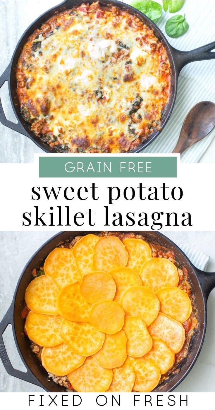 Skillet Sweet Potato Lasagna is a grain-free version of your favorite italian dinner recipe. Filled with tons of ground turkey, spinach, ricotta and sweet potatoes, this lower carb lasagna will be your new favorite. #sweetpotato #weeknightrecipe