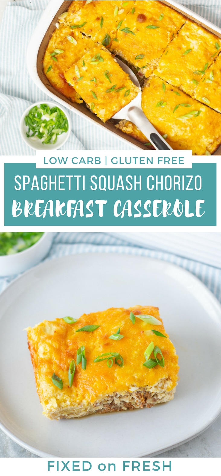 Spaghetti Squash Chorizo Breakfast Casserole is a low carb breakfast recipe that is easy to meal prep or a great meal prep breakfast. This breakfast recipe is also gluten free, low calorie and high in protein. #proteinbreakfast #breakfastcasserole #glutenfree #keto #lowcarb #mealprep 