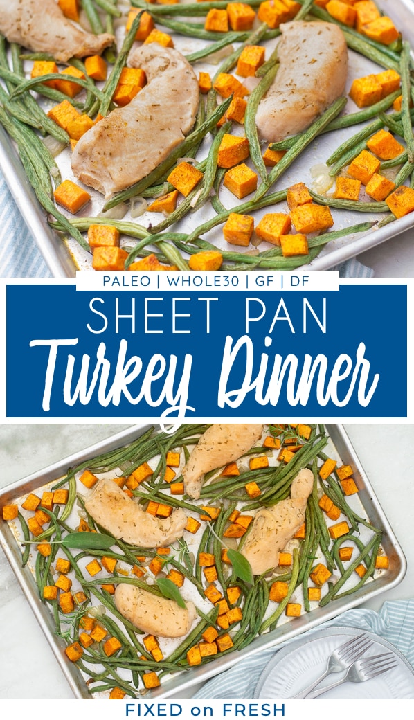 Easy sheet pan turkey dinner that is a great healthy weeknight meal that is whole30, Paleo, gluten free, dairy free and refined sugar free. All the flavors of Thanksgiving that can be easily meal prepped! #whole30 #paleo #thanksgiving #turkey #healthydinner