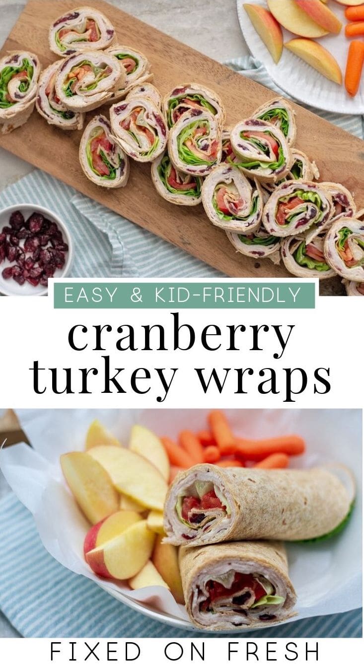 Cranberry turkey wraps are a healthy, kid friendly lunch that can be made with turkey leftovers. Slice them up thin for a healthy appetizer. #snack #healthylunch