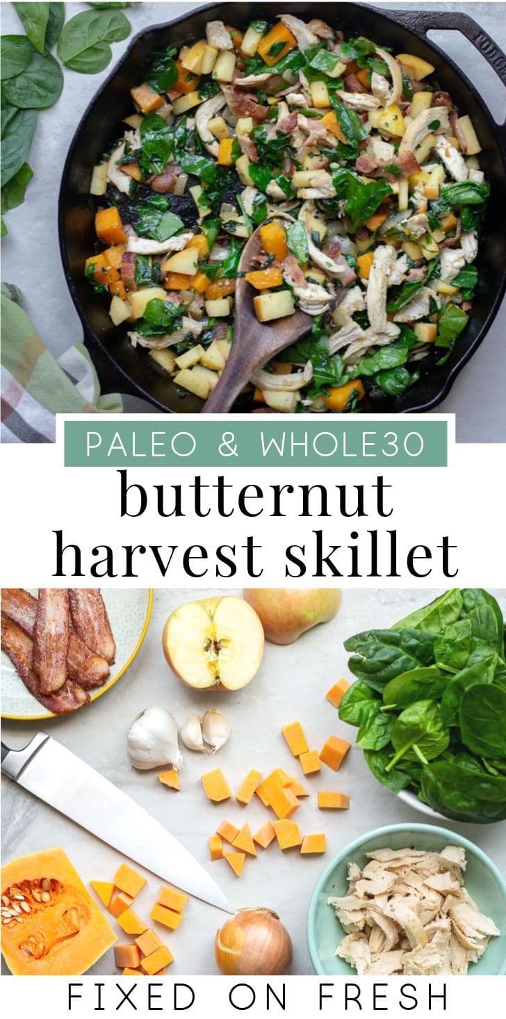 A quick and easy healthy skillet meal, Paleo Harvest Skillet is delicious and nutritious. Made with butternut squash, spinach, chicken, bacon and apples, it's the perfect fall healthy weeknight dinner. #paleo #whole30recipe