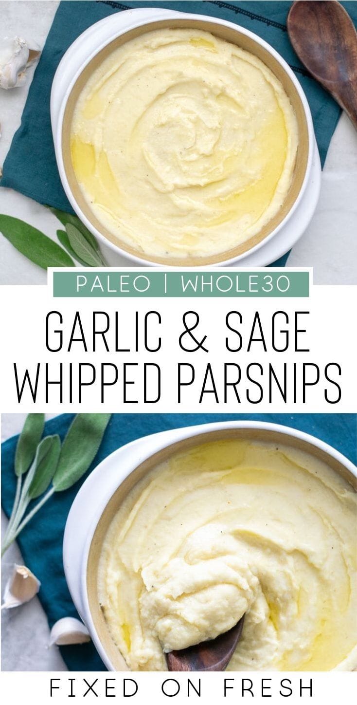 Garlic and sage whipped parsnips are a delicious alternative to mashed potatoes. This easy thanksgiving side dish recipe can be made paleo and whole30 friendly as well. #paleo #whole30