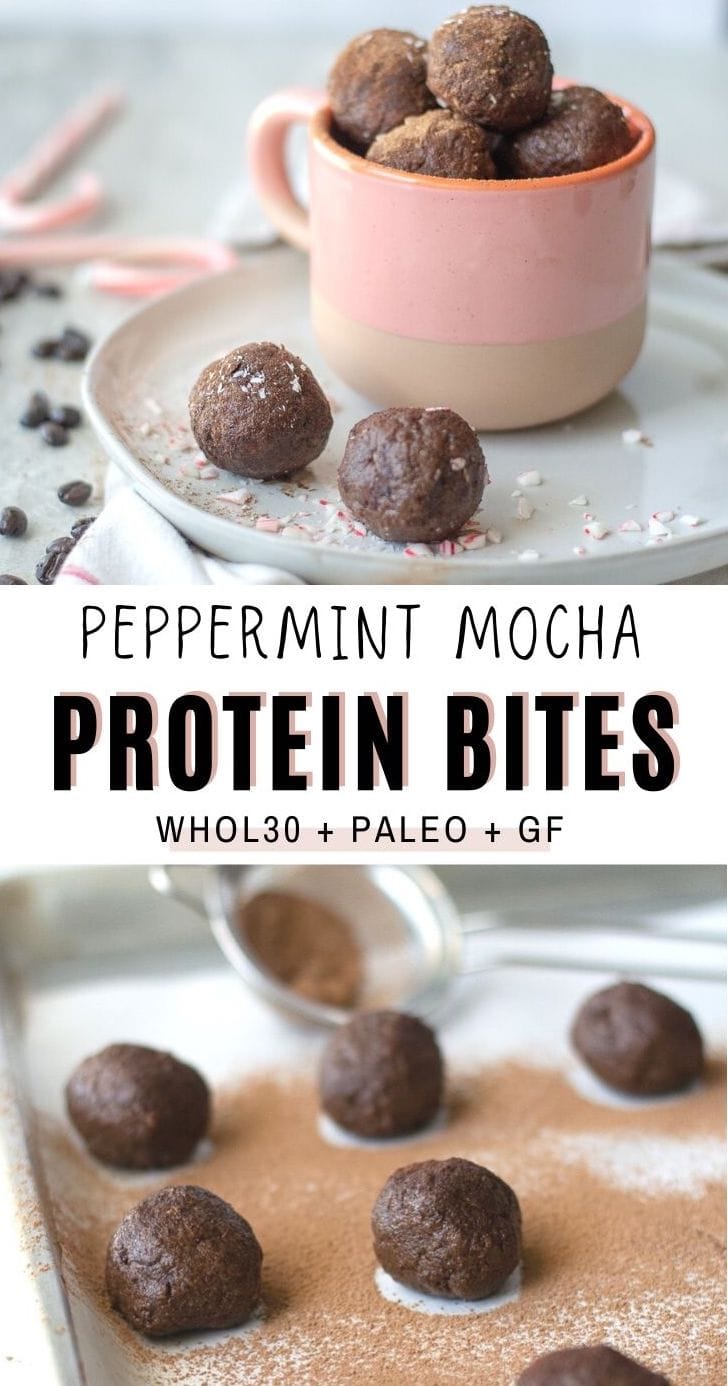 Date sweetened energy bites with collagen protein, cocoa, peppermint and instant coffee powder to make a tasty treat on the go or a quick pick up.Whole30 and Paleo approved