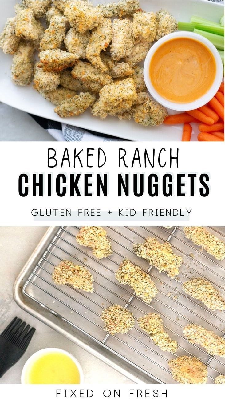 Simple and healthy snack or dinner recipe that kids will love! Gluten free ranch chicken nuggets are baked until crispy with a gluten free bread crumb and ranch seasoned coating. 