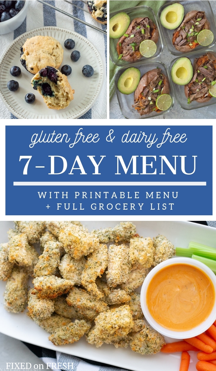 Healthy gluten free, dairy free meal plan or menu for a family of 4. The meal includes time saving tips, a full grocery list and 7 days breakfasts, lunches, snacks and dinner for the whole family. #glutenfree #dairyfree #mealplan #healthyeating