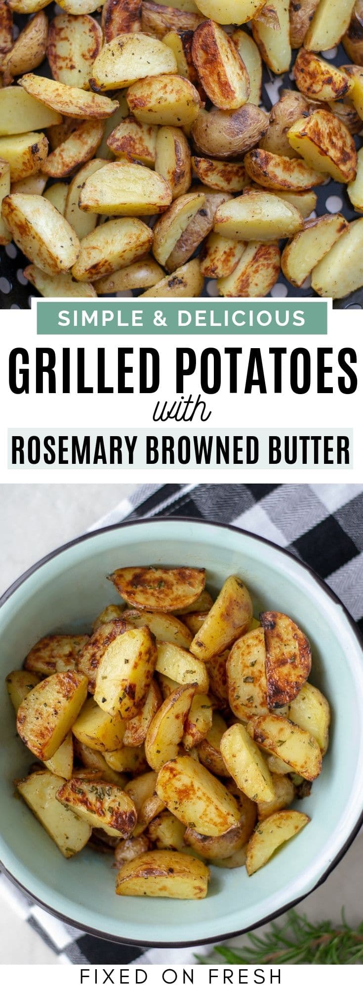 Crispy grilled Rosemary Browned Butter potatoes are super easy to make for your next bbq party in a grill basket. #grill #potatoes