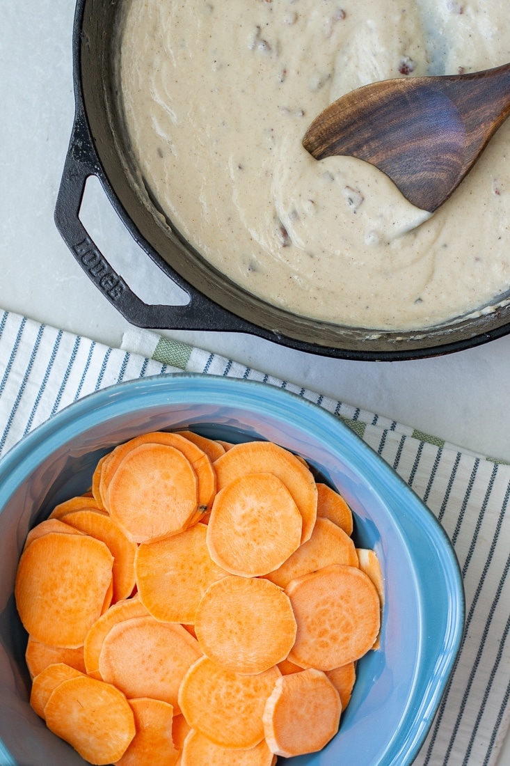 How to slice the sweet potatoes and layer the sauce