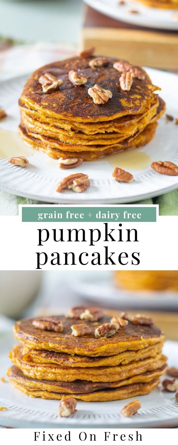 Paleo Pumkin Spice Pancakes that are grain free/ gluten free and dairy free. These almond flour pumpkin pancakes are and easy breakfast recipe that is great for meal prep! #pumpkinpancakes #pancakes #grainfreepancake #grainfree #paleo #glutenfreedairyfree