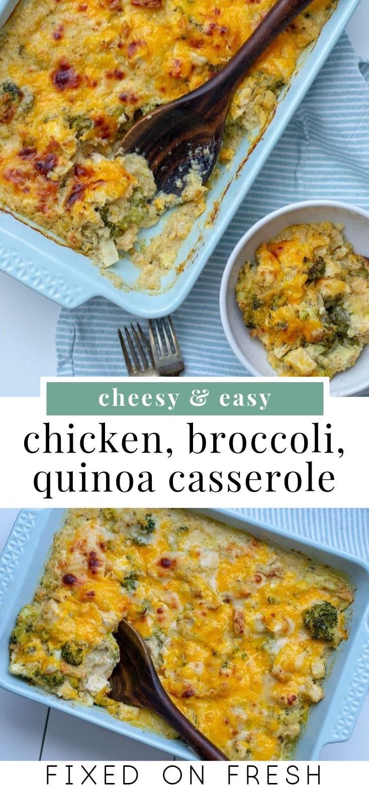 Easy chicken and quinoa casserole has got broccoli, chicken, quinoa baked in a creamy cheese sauce and topped with golden, melted cheddar and parmesan. This casserole recipe is a perfect dinner for busy weeknights. #casserole #chickendinner