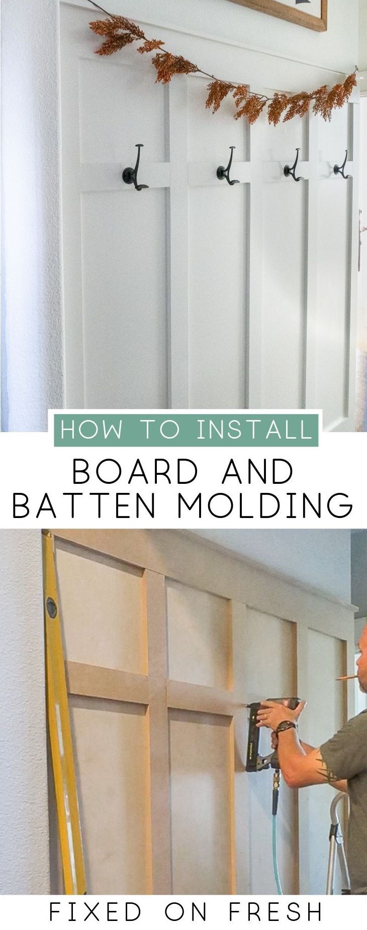 A step by step guide to installing a board and batten molding wall in a hallway with hooks to act as a mudroom. This DIY trim can add a little farmhouse decor to a boring space! #molding #diyproject