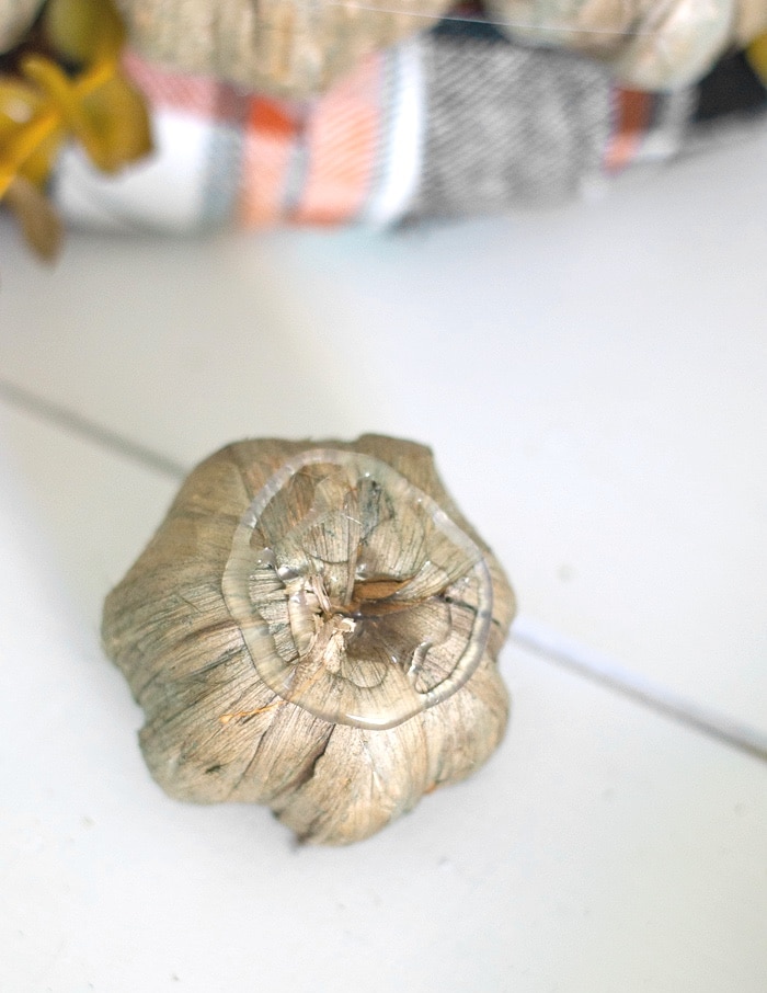 How to glue the pumpkins to the farmhouse fall wreath