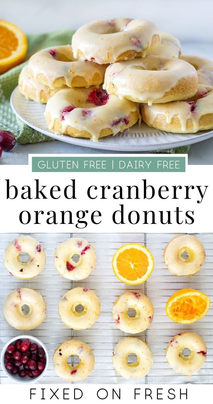 Baked Cranberry Orange Donuts have fewer calories that fried donuts are the perfect fall treat. Gluten free dough is bursting with fresh cranberries and topped with an orange glaze. #glutenfree #dairyfree