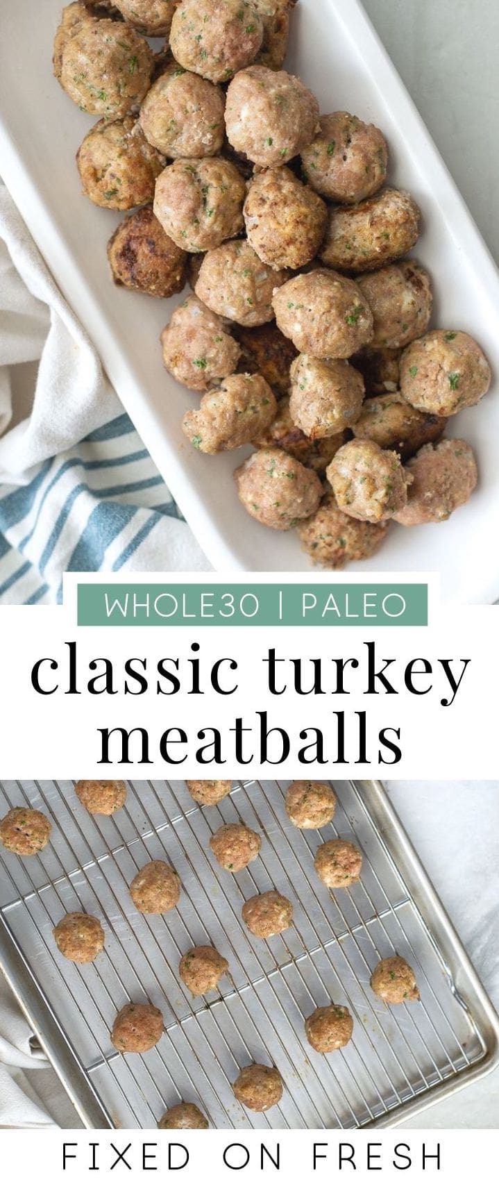 Classic Turkey Meatballs are easy to make, whole30, paleo and keto friendly since this recipe is without breadcrumbs. Serve these up with anything from veggie noodles to mashed potatoes for healthy dinner or meal prep lunch! #whole30 #keto #paleo #protein