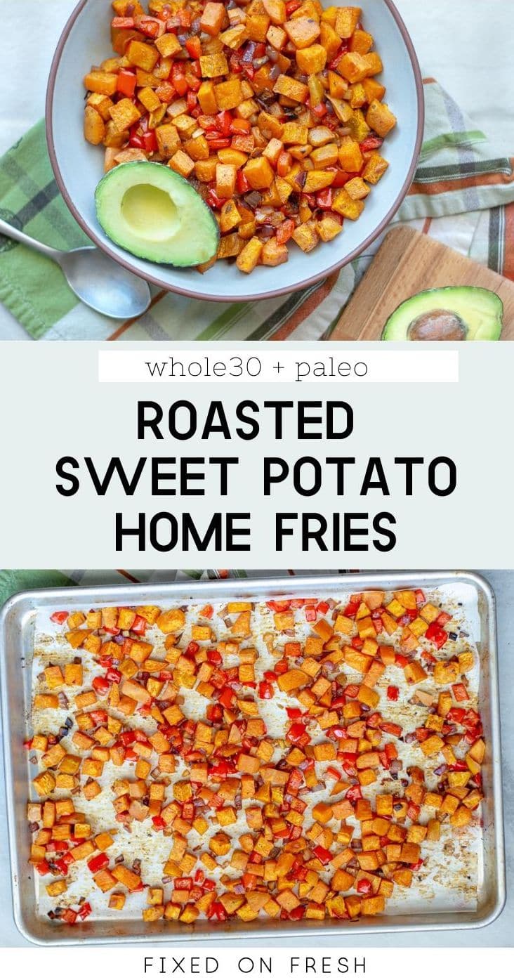Sweet potato home fries, seasoned to perfection and baked until crispy are a delicious, whole30 breakfast option that's great for meal prep. #whole30 #paleo