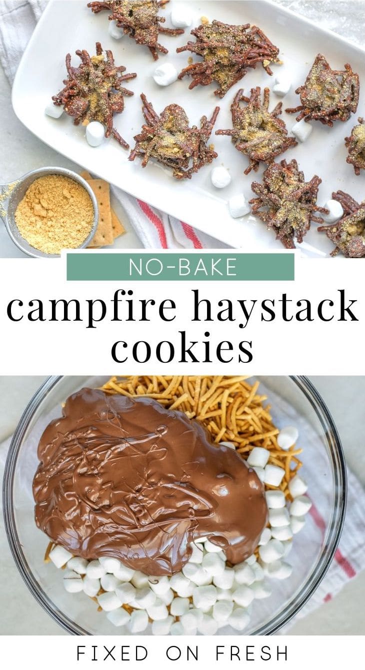 Campfire Haystack Cookies made with chow mien noodles, marshmallows, chocolate and peanut butter. These no-make s'mores cookies take less than 30-minutes to make! #nobake #dessert #cookies