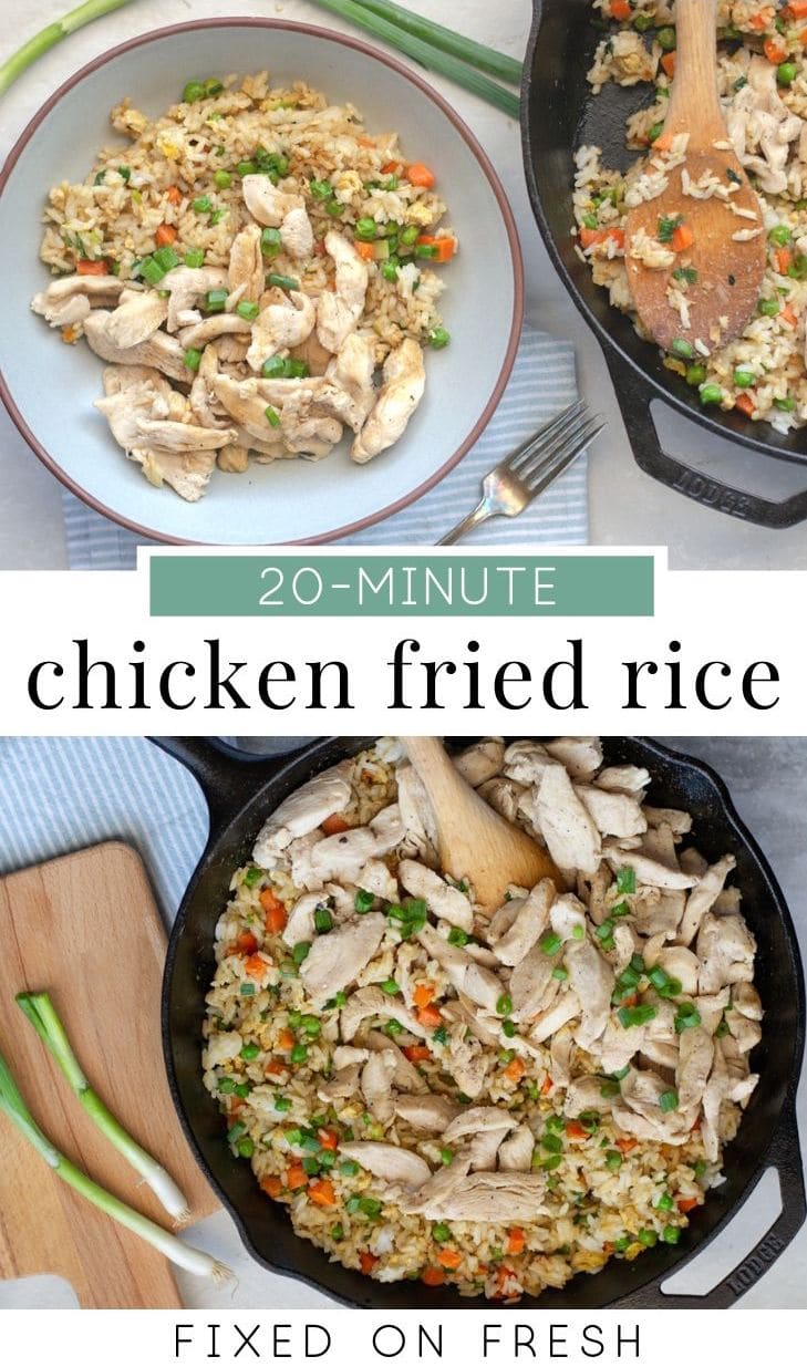 Homemade, better than takeout Chicken Fried Rice is healthier, soy free and awesome for meal prep. These best part is this simple and delicious recipe only takes 20 minutes to make! #weeknightdinner #healthyreicpe #chickendinner