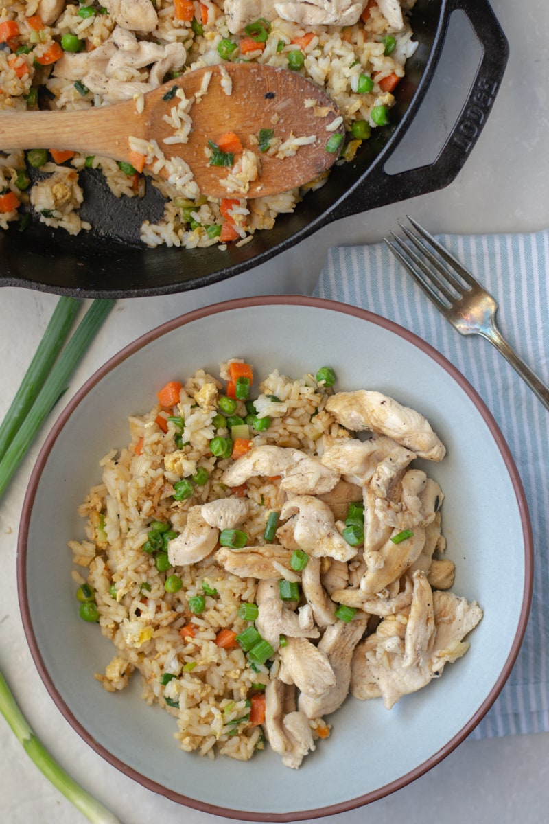 Homemade, better than takeout Chicken Fried Rice is healthier, soy free and awesome for meal prep. These best part is this simple and delicious recipe only takes 20 minutes to make!