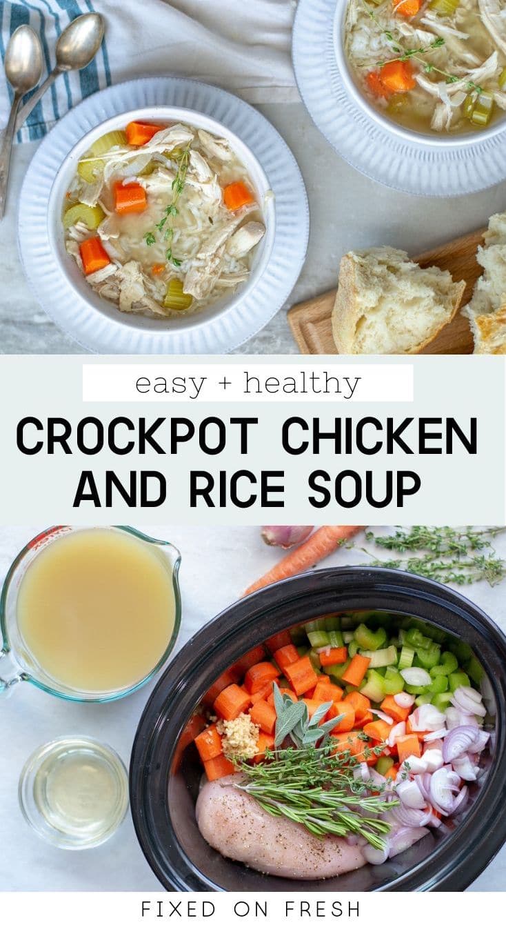 Crockpot chicken and rice soup is an easy set and forget homemade dinner that is heathy and delicious. Learn how to make it on the stovetop as well! #chickendinner #healthyreceipe