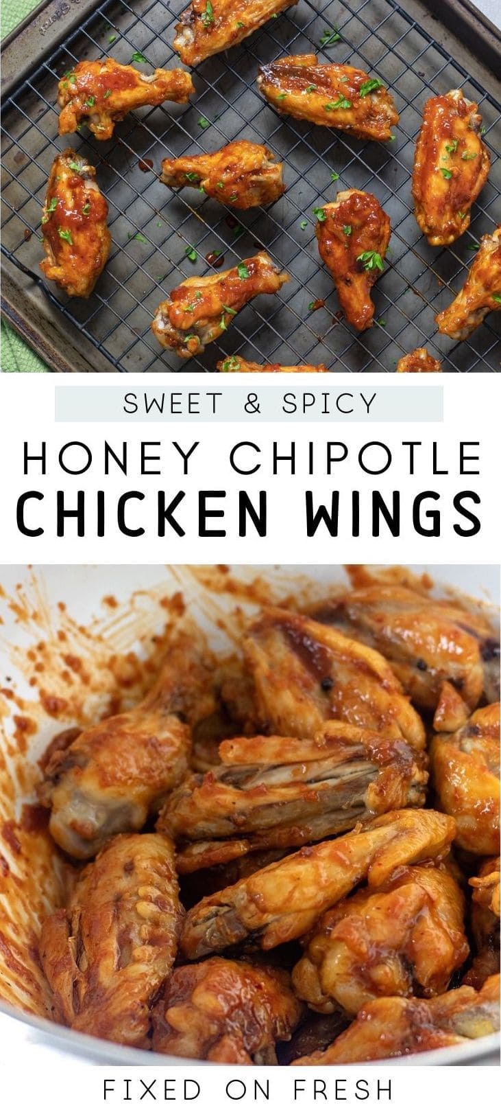 Healthier baked chicken wings are cooked in the oven until crispy and coated with a homemade sweet and spicy honey chipotle barbecue sauce. Bring these to your Super Bowl party and everyone will love them!