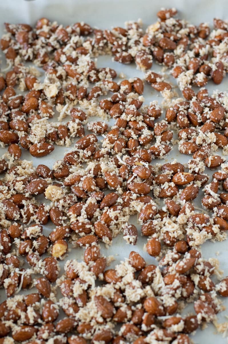 Coconut Roasted Almonds - Spread out on a cookie sheet before roasting