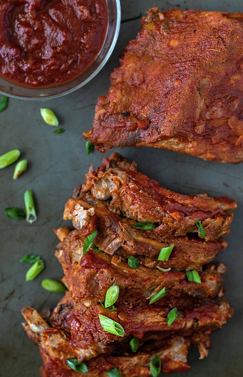 Whole30 approved Instant Pot Baby Back Ribs with a pineapple sweetened tangy Hawaiian barbecue sauce