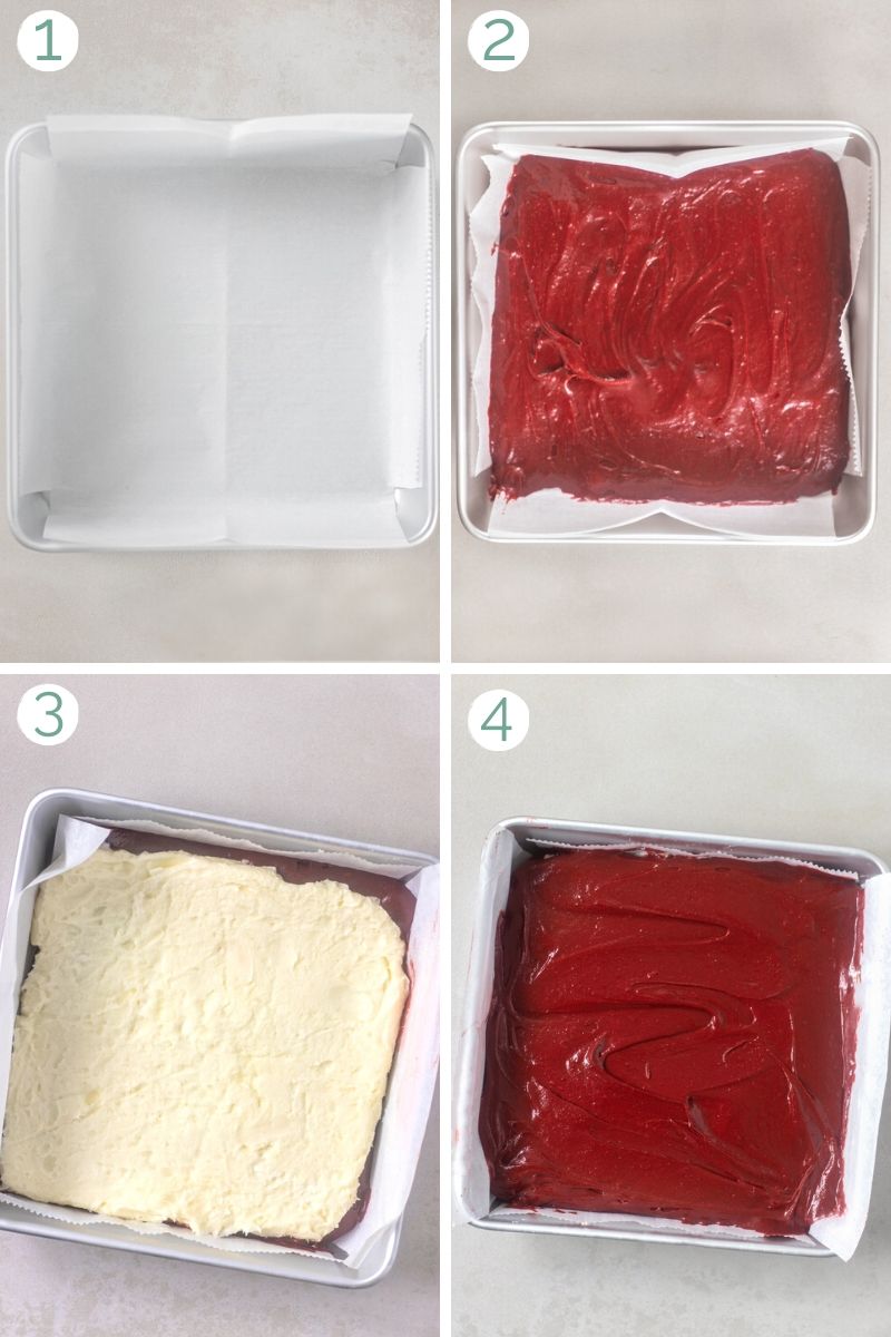 How to layer cream cheese stuffed red velvet brownies