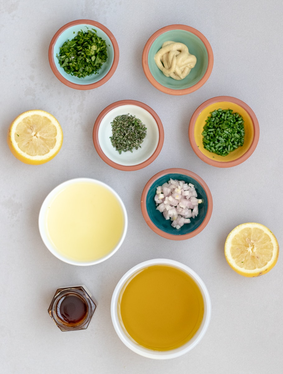 Ingredients to make Lemon Herb Vinaigrette and marinade. 