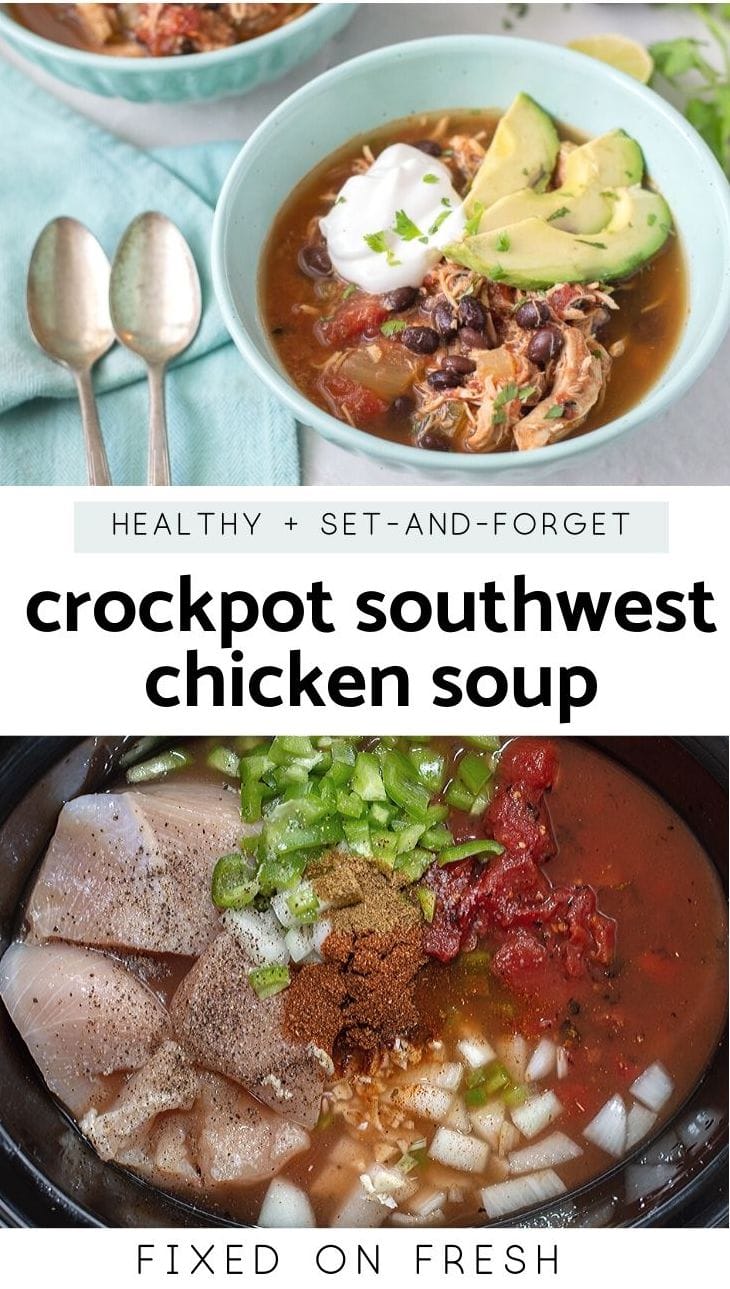 Crockpot Southwest Chicken Soup is a healthy weeknight meal that you can set and forget in the morning and enjoy in the evening. Salsa, veggies, chicken, beans and southwest seasoning make this slow cooker soup delicious and nutritious. #slowcooker #healthy #soup