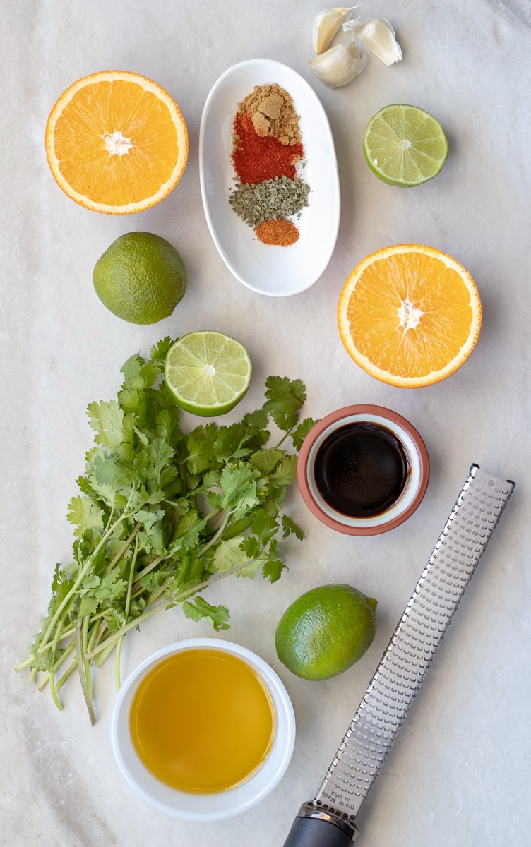 Ingredients for a smokey citrus steak fajita marinade.