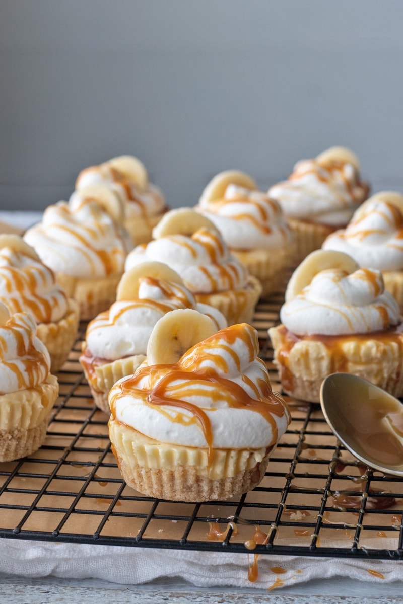 Mini banana pudding cheesecakes topped with homemade whipped cream, salted caramel sauce and a fresh banana and a vanilla wafer crust. 