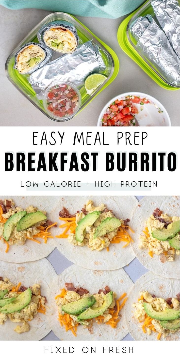 Easy, meal prep breakfast burritos stuffed with egg, eggwhites, cheddar, bacon and avocado with pico de gallo and wrapped in a low carb tortilla. The perfect make ahead breakfast. 