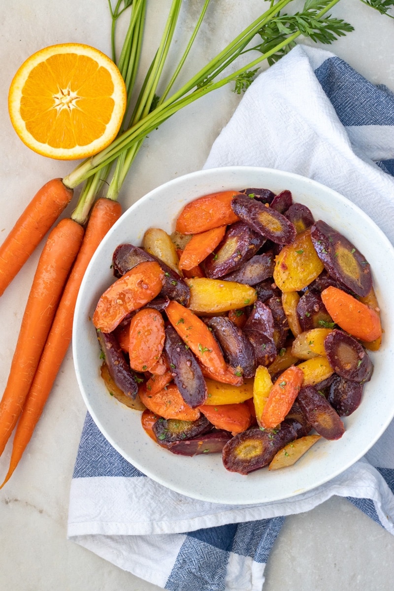 Rainbow carrots in a serving dish