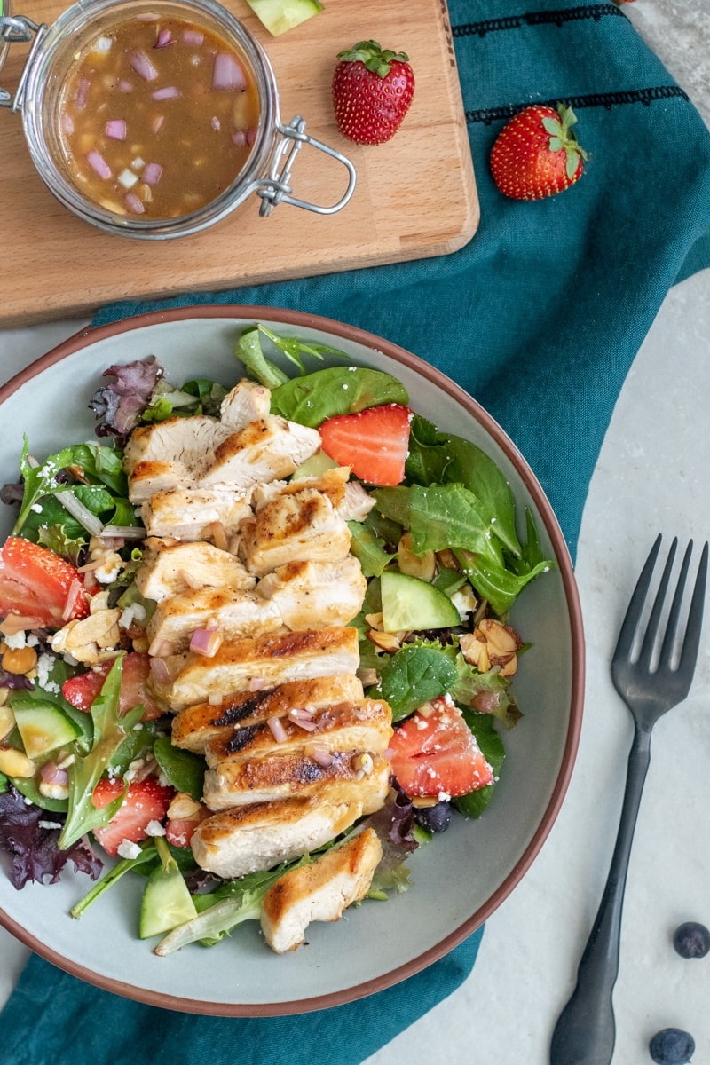 Make strawberry salad a meal by topping it with chicken. 