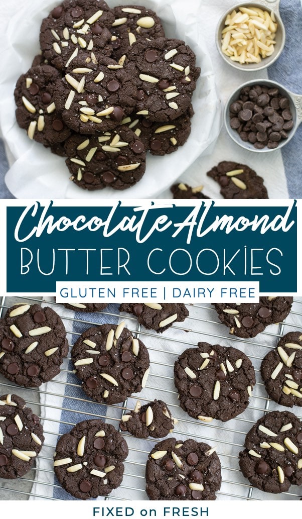 Gluten free and dairy free dark chocolate cookies with almond butter and chunks of almonds and chocolate chips. Chewy cookies with a twist!